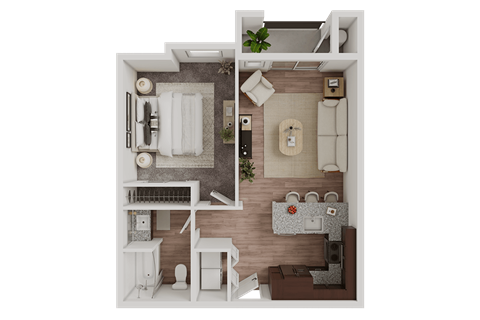 A top-down view of a small apartment with a bedroom, living room, and kitchen.